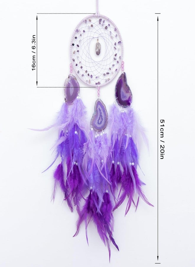 KHOYIME Agate Dream Catcher, Handmade Feather Dreamcatcher with Healing Crystal Stone Natural Gemstone Dream Catchers, Wall Art Hanging Decor Home Ornaments Craft Gift for Girls Adult Bedroom (Purple) - Image 3